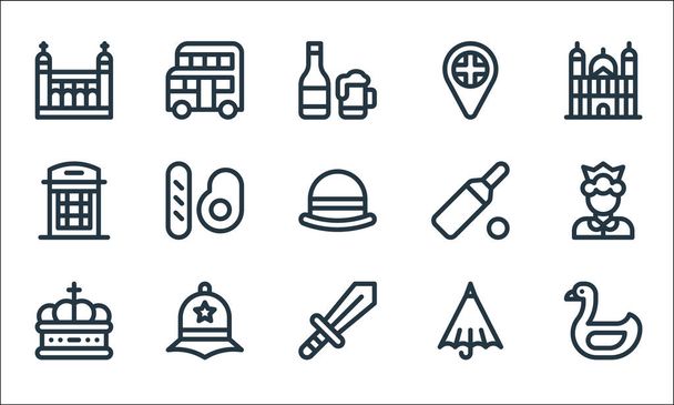 england line icons. linear set. quality vector line set such as swan, sword, crown, umbrella, police hat, phone box, cricket, uk flag, double decker bus - Vector, Image