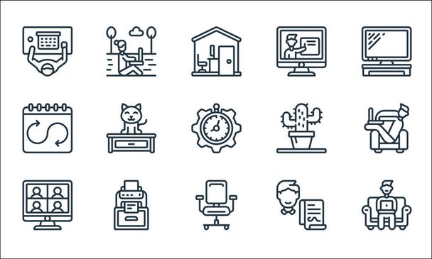 home office line icons. linear set. quality vector line set such as working man, office chair, video call, contractor, printer, work schedule, cactus, online training, digital nomad - Vector, Image