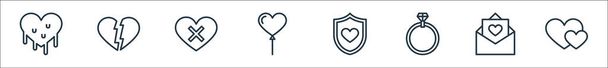 Symbole für Liebeslinien. Lineares Set. Qualitätsvektorzeilenset wie Herzen, Buchstaben, Ring, Schutz, Ballon, Hass, gebrochenes Herz - Vektor, Bild