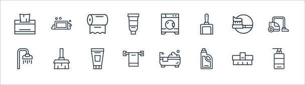 hygiene line icons. linear set. quality vector line set such as liquid soap, detergent, towel, shower, tooth brush, tissue, washer, soap - Vector, Image