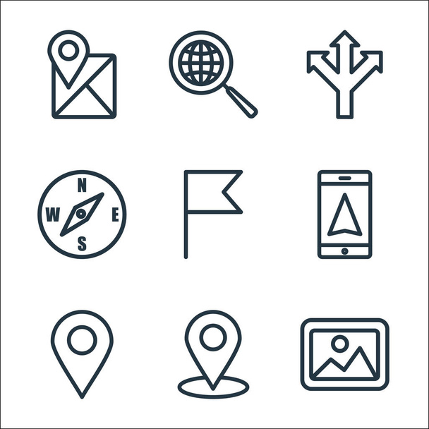 navigation line icons. linear set. quality vector line set such as photo, location, location pin, gps phone, flag, compass, direction, comunications - Vektori, kuva