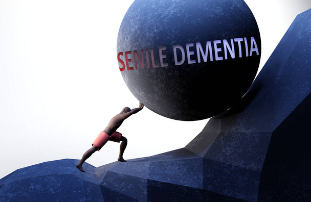 Starcza demencja jako problem, który utrudnia życie - symbolizowana przez osobę pchającą wagę słowem starcza demencja, aby pokazać, że może to być ciężarem, ilustracja 3D - Zdjęcie, obraz