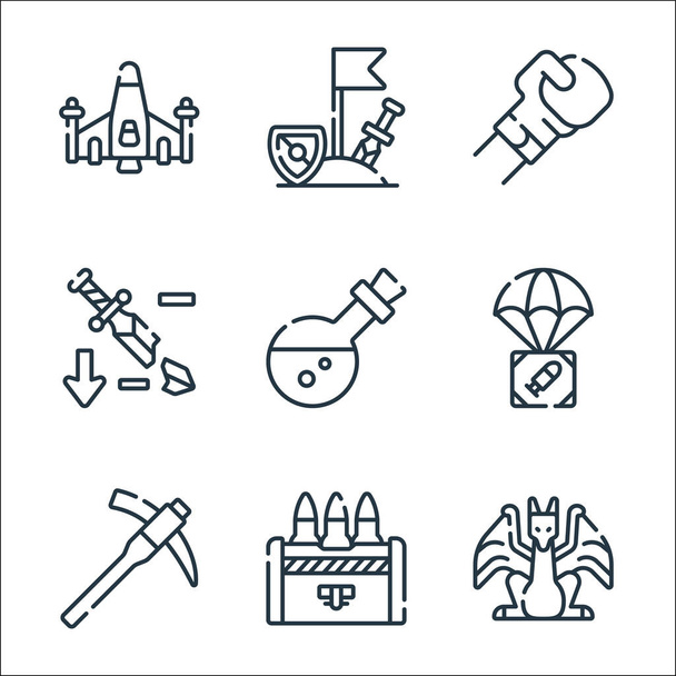 videogame line icons. linear set. quality vector line set such as final boss, ammo, hoe, airdrop, potion, nerf, fighting game, adventure game - Vetor, Imagem