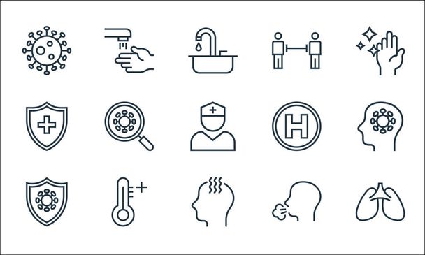 pandemic novel virus line icons. linear set. quality vector line set such as lungs, fever, shield, cough, thermometer, cross shield, hospital, distance, hand wash - Vector, Image