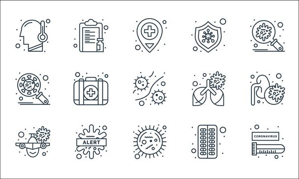 coronavirus line icons. linear set. quality vector line set such as blood test, coronavirus, virus transmission, pills, alert, research, lungs, protection, clipboard - Vector, Image