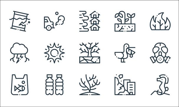 Symbole für den Klimawandel. Lineares Set. Qualitätsvektorleitungsset wie Seepferdchen, Korallen, Umweltverschmutzung, Erdrutsch, Plastik, Gewitter, Pelikan, Dürre, Auto - Vektor, Bild