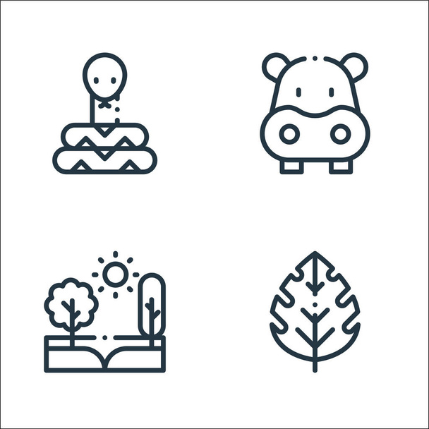 icone della giungla. set lineare. set di linee vettoriali di qualità come foglie, alberi, ippopotami - Vettoriali, immagini