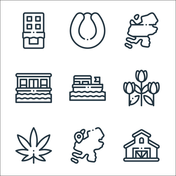 icônes ligne holland. set linéaire. ensemble de lignes vectorielles de qualité telles que ferme, cartes, marijuana, tulipes, bateau, péniche, holland, rookworst - Vecteur, image