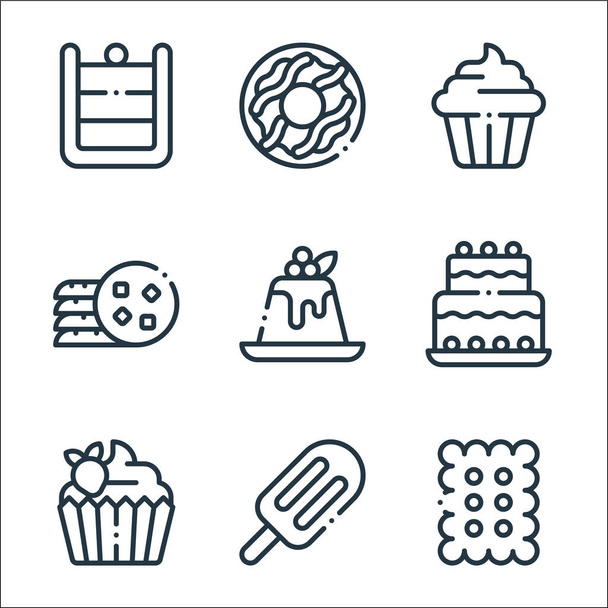 desserts candies line icons. linear set. quality vector line set such as biscuit, ice cream, cupcake, birthday cake, pudding, cookies, cupcake, donut - Вектор,изображение
