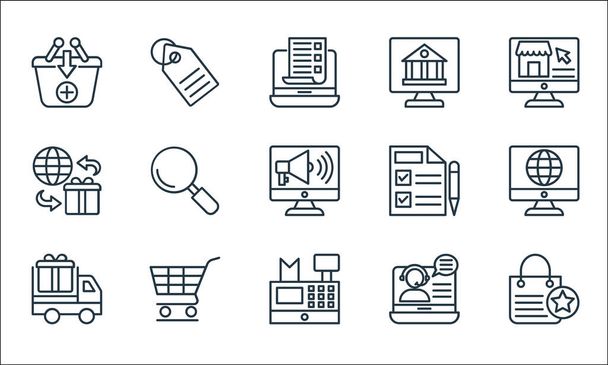 shopping line icons line icons. linear set. quality vector line set such as shopping bag, cash register, delivery truck, online support, shopping cart, worldwide shipping, list, internet banking, - Vector, Image