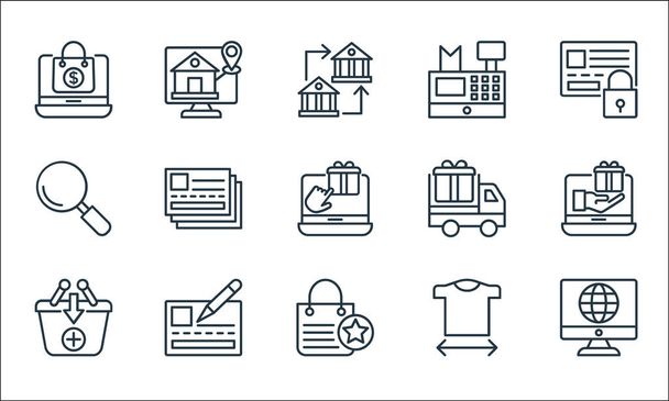 shopping line icons line icons. linear set. quality vector line set such as search engine, shopping bag, add to basket, size guide, bank check, magnifier, delivery truck, cash register, ecommerce - Vector, Image