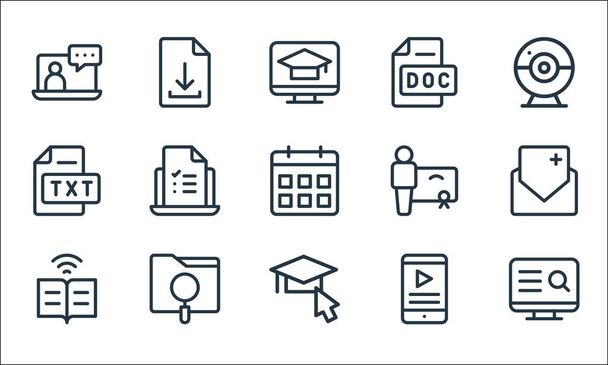 online learning line icons. linear set. quality vector line set such as search, graduation, ebook, smartphone, searching, text file, certificate, word, file - Vector, Image