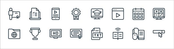 Online-Lernzeilen-Symbole. Lineares Set. Qualitätsvektorzeilenset wie Suchleiste, eBook, Diplom, Ordner, Kalender, Smartphone, Online-Lernen, Online-Lernen - Vektor, Bild