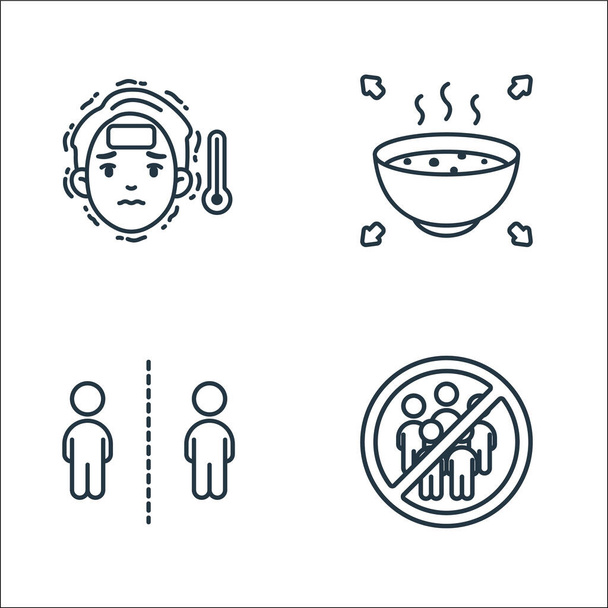 coronavirus covid line icons. linear set. quality vector line set such as avoid crowds, keep distance, hot food - Vector, Image