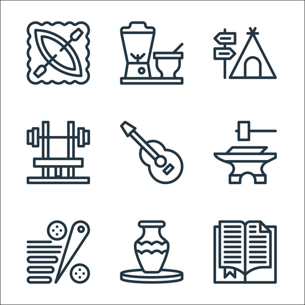 hobbies line icons. linear set. quality vector line set such as reading, pottery, pinball, blacksmith, guitar, bodybuilding, camping, juicer - Vector, Image