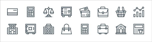 banking and finance line icons. linear set. quality vector line set such as atm machine, portfolio, handbag, office building, shopping basket, balance scale, cit card, calculator - Vector, Image