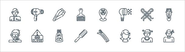 перукарські та перукарські ікони. лінійний набір. якісний набір векторних ліній, таких як стрижка, перукарня, щітка, гоління, шпилька, твізер, місце розташування, фен
 - Вектор, зображення