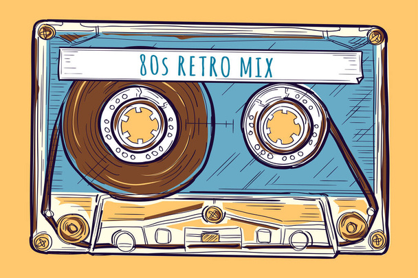 card with drawn music audio cassette and text 80s retro mix  - Vetor, Imagem