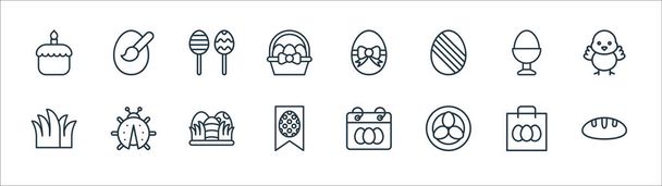 Pasen iconen. lineaire verzameling. kwaliteit vector lijn set zoals brood, nest, vlag, gras, gekookt ei, lolly, paaseieren, ei schilderen - Vector, afbeelding