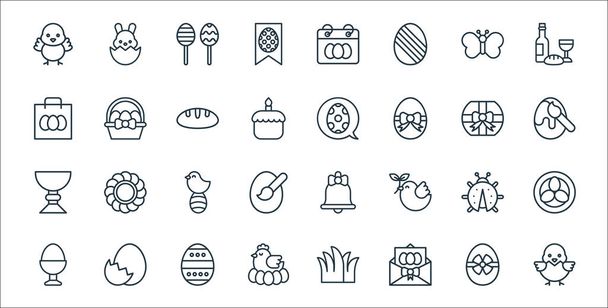 Pasen iconen. lineaire verzameling. kwaliteit vector lijn set zoals kuiken, wenskaart, kip, gekookt ei, lieveheersbeestje, paaseieren, ei schilderen, boodschap, paaseieren - Vector, afbeelding