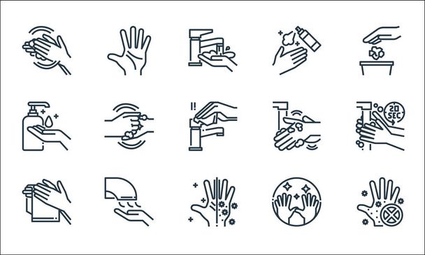πλύνετε τα χέρια εικονίδια γραμμή. γραμμικό σύνολο. ποιότητα διάνυσμα σειρά, όπως το χέρι, χέρι, χέρι, στεγνωτήριο, πλύσιμο των χεριών, πλύσιμο, πλύσιμο - Διάνυσμα, εικόνα