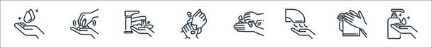 lavarse las manos iconos de línea. Conjunto lineal. conjunto de línea vectorial de calidad, como lavarse las manos, manos, secador de manos, lavado de manos, lavado - Vector, Imagen
