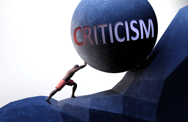 Kritika jako problém, který ztěžuje život - symbolizovaný osobou, která tlačí váhu slovem Kritika, aby ukázala, že kritika může být břemenem, které je těžké unést, 3D ilustrace - Fotografie, Obrázek