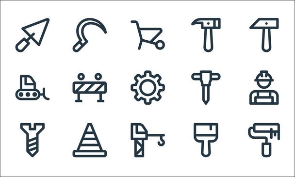 labour day line icons. linear set. quality vector line set such as roller paint, crane, screw, paint brush, traffic cone, bulldozer, jackhammer, hammer, sickle - Vector, Image