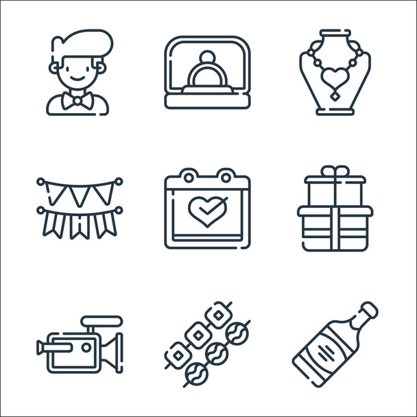 wedding line icons. linear set. quality vector line set such as wine bottle, snacks, video camera, gifts, wedding, garlands, necklace, proposal - Vector, Image