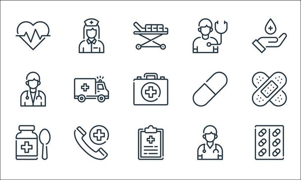 medical line icons. linear set. quality vector line set such as pill, medical report, syrup, doctor, emergency call, doctor, pill, examination, nurse - Vector, Image