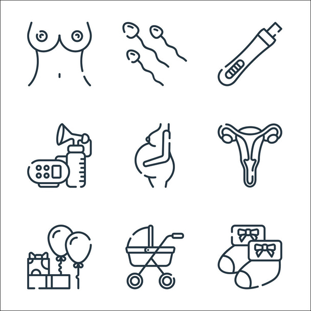 Anyasági vonal ikonok. lineáris beállítás. minőségi vektor sor, mint a baba zokni, baba babakocsi, baba zuhany, petevezeték, terhes, mell pumpa, terhességi teszt, sperma - Vektor, kép