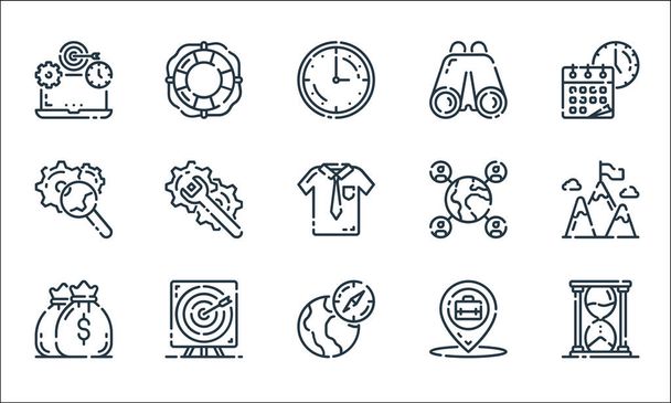 startup line icons. linear set. quality vector line set such as hourglass, navigation, money bag, location, target, optimization, social network, binocular, lifebouy - Vector, Image