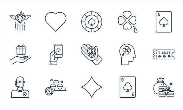 casino line icons. linear set. quality vector line set such as jackpot, card game, bouncer, card game, gold bars, gift, thinking, clover, heart - Vector, Image