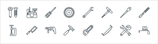 Iconos de línea de carpintería. Conjunto lineal. conjunto de línea de vectores de calidad, como cinta métrica, sierra manual, martillo, abrazadera, barrena, destornillador, llave inglesa, kit - Vector, imagen