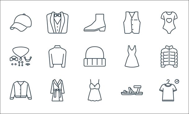 kleding en kleding lijn pictogrammen. lineaire verzameling. kwaliteit vector lijn set zoals paskamer, nachtjapon, vest, vest, sandalen, badjas, accessoires, jurk, vest, trouwpak - Vector, afbeelding