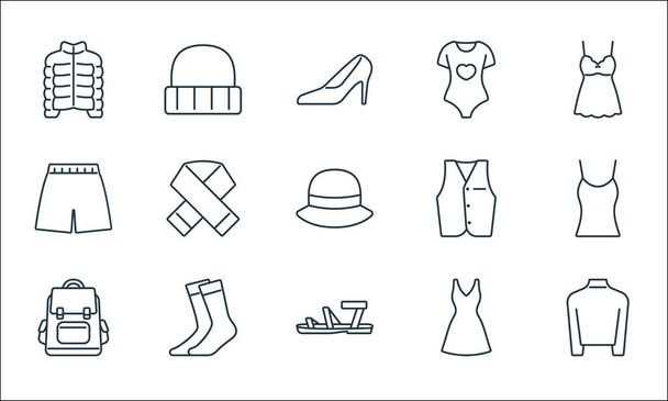 ρούχα και ρούχα εικονίδια γραμμή. γραμμικό σύνολο. ποιοτικό vector line set όπως ζιβάγκο, σανδάλια, σακίδιο πλάτης, φόρεμα, κάλτσες, σορτς, γιλέκο, πιτζάμες, μάλλινο καπέλο - Διάνυσμα, εικόνα