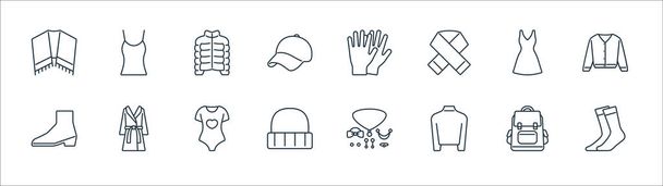 clothes and outfit line icons. linear set. quality vector line set such as socks, turtleneck, wool hat, boot, dress, jacket, gloves, vest - Vector, Image