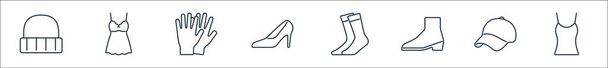 иконки линии одежды и одежды. линейное множество. набор векторных линий качества, таких как жилет, колпачок, ботинок, носки, высокие каблуки, перчатки, ночнушка - Вектор,изображение