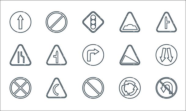 signaling line icons. linear set. quality vector line set such as no turn, no waiting, no stopping, roundabout, right bend, narrow road, slope, hump, stopping - Vector, Image