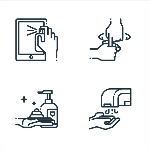 lavarse las manos iconos de línea paquete de iconos. Conjunto lineal. conjunto de línea vectorial de calidad, como secador de manos, mano de lavado, mano de lavado - Vector, Imagen