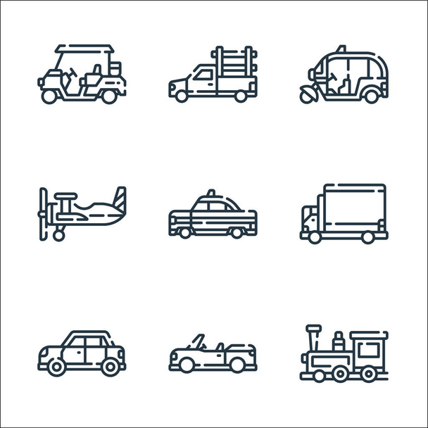 Fahrzeuge transportieren Linien-Symbole. Lineares Set. Qualitätsvektorleitungsset wie Zug, Cabrio, Pickup, Transport, Taxi, Flugzeug, Tuk Tuk, Pickup Truck - Vektor, Bild