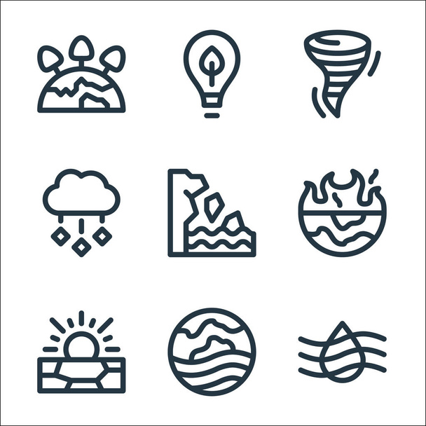 Symbole für den Klimawandel. Lineares Set. Qualitätsvektorleitungssatz wie Feuchtigkeit, Hitzewelle, Dürre, globale Erwärmung, Eisberg, Hagel, Tornado, Ökologie - Vektor, Bild