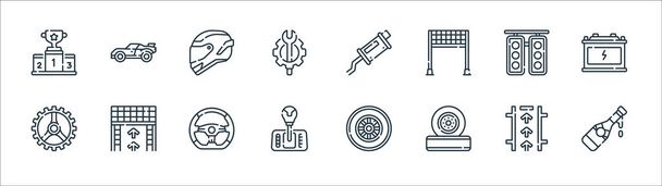 auto racing line icons. linear set. quality vector line set such as champagne, wheel, gearshift, gear, traffic light, helmet, muffler, race car - Vector, Image
