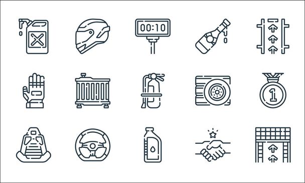 auto racing line icons. linear set. quality vector line set such as finish line, oil, car seat, shake hands, steering wheel, gloves, tyre, champagne, helmet - Vector, Image