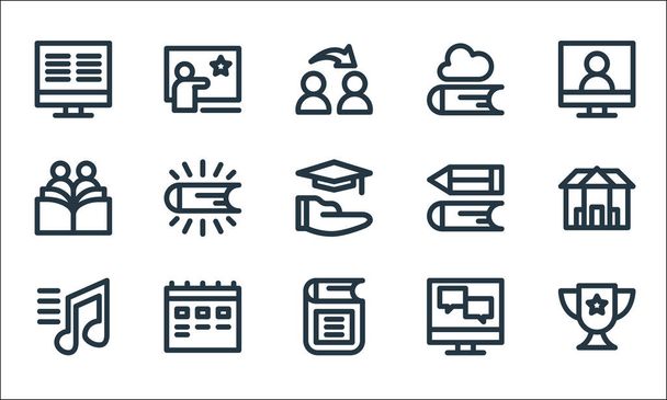 flat education and knowledge line icons. linear set. quality vector line set such as award, ebook, music, online chat, timetable, group class, pencil, cloud library, - Vector, Image