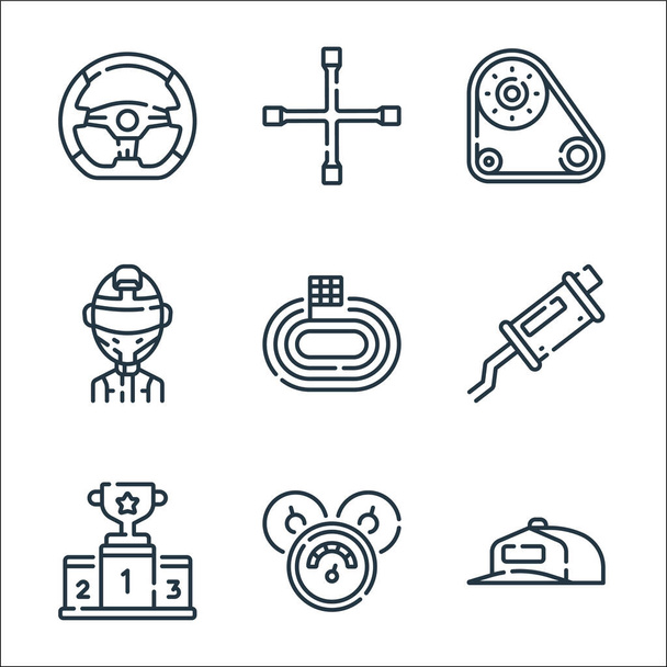 auto racing line icons. linear set. quality vector line set such as cap, speedometer, podium, muffler, race track, driver, timing belt, cross wrench - Vector, Image