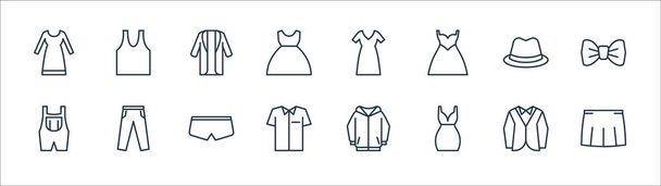 wardrobe line icons. linear set. quality vector line set such as skirt, short dress, uniform, suspenders, fedora hat, long coat, long dress, sleeveless shirt - Vector, Image