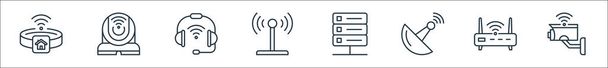 tárgyak internete vonal ikonok. lineáris beállítás. minőségi vektor sor, mint a cctv kamera, router, antenna, szerver, antenna, headset, cctv kamera - Vektor, kép