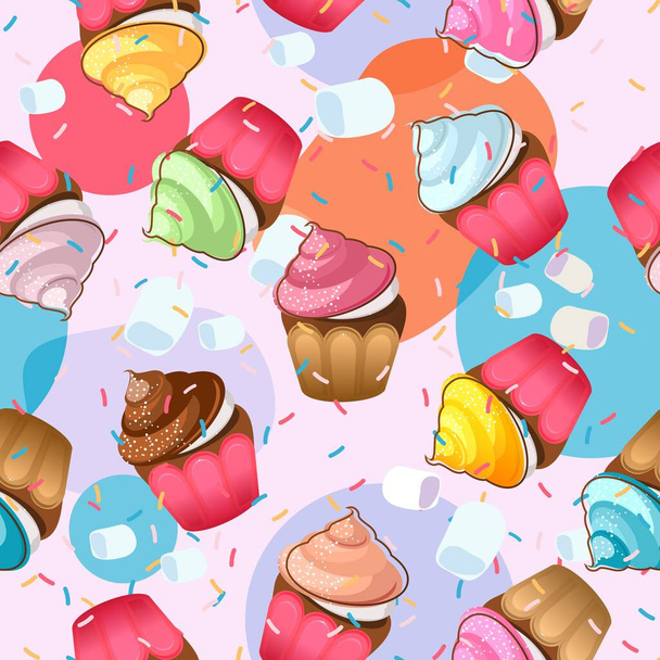 vector seamless pattern bright illustration, caramel chocolate cupcakes, sweet pastries - ベクター画像