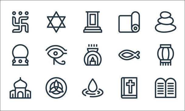 spirituális vonal ikonok. lineáris beállítás. minőségi vektor sor, mint, esőcsepp, mecset, biblia, szentháromság, kristálygömb, kereszténység, jóga mat, judaizmus - Vektor, kép